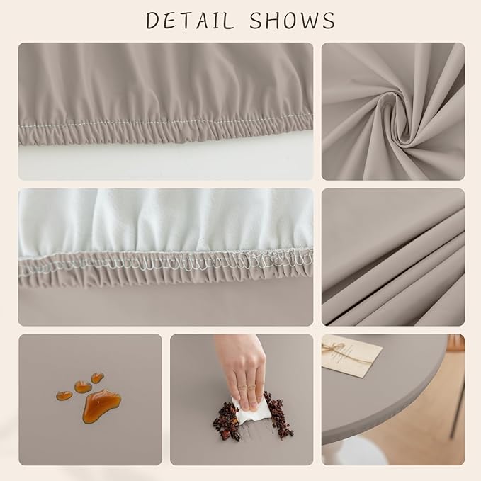 Round Fitted PU Tablecloth with High Elastic Edge 55 Inch Dia Waterproof Oil Proof Table Cloth Anti-Scald Stain-Resistant Wipeable Table Cover for Indoor Outdoor Picnic (Grey,55" Dia)