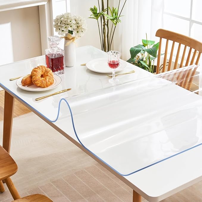 Glass Table Protector Tablecloth Cover Desk Top Pad Mat Furniture Coffee Marble End Bed Sofa Side Bistro Bar Corner Night Stand Dining Room Table Thick Plastic PVC Vinyl 34x84 Trim for 82" or 80"