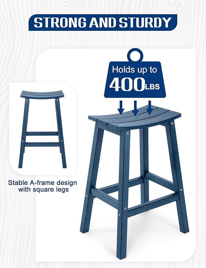 Weatherproof Bar Stools Set of 2, 28" Height Outdoor Bar Stools Holds up to 400 lbs, Saddle Seat, Bar Height Stools for Patio, Garden, and Kitchen Island, Blue
