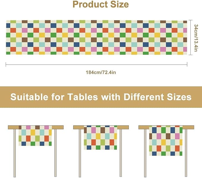 Colorful Checkered Table Runner, Vintage 60s 70s Cute Modern Geometric Table Runner for Party Kitchen Dining Home Outdoor Banquet 13x36in