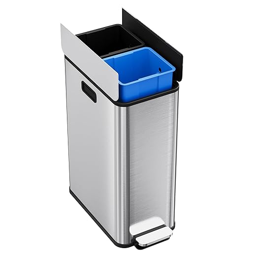 Garvee Kitchen Dual Trash Can, 15 gal Large Recycling Bin Garbage Can with Butterfly Lid, Fingerprint Resistant Stainless Steel Trash Bin for Kitchen, Living Room, Office (2 x 28 L)