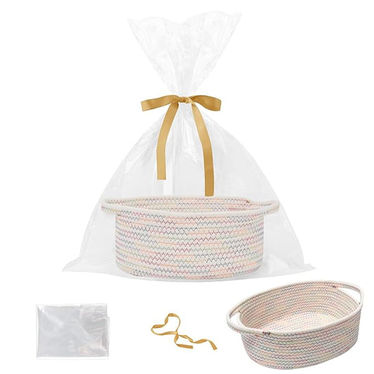 Gift Basket with Gift Bag and Ribbons,Small Rope Woven Shelf Storage,Baskets for Gifts Empty,Birthday,Baby Shower,Decorative Organizer Box with Handles(Colorful Thread)