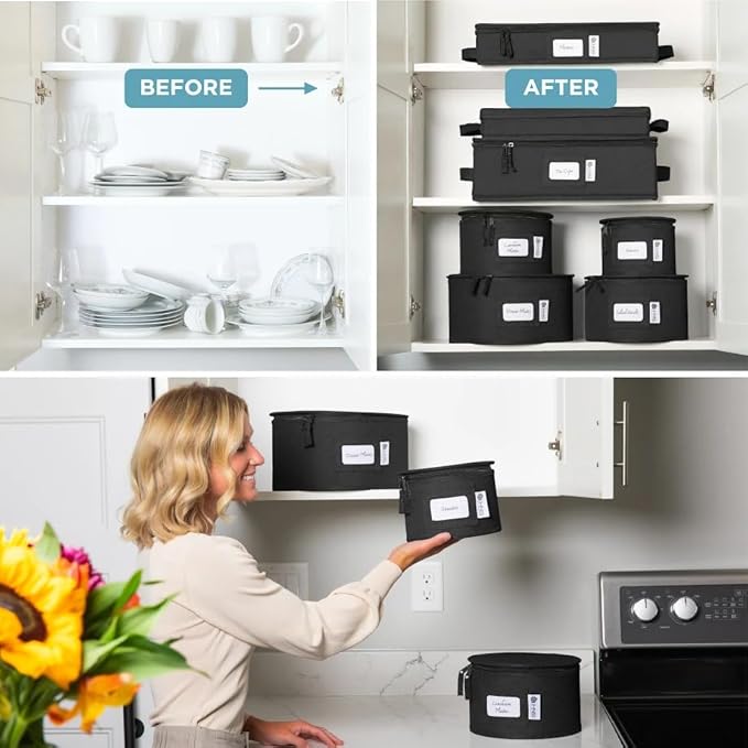 China Storage Hard Shell Containers 8-Piece Set Moving Boxes for Dinnerware, Glasses, Plates, Mugs and Saucers Sturdy Dish Organizer with Dividers for Seasonal Storage - Service for 12 - Black