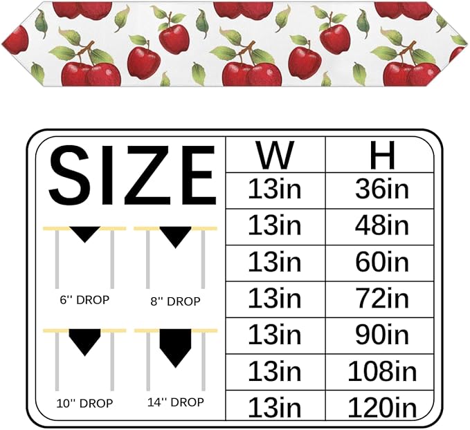 Apples Leaves Table Runners 108 Inches Long Table Runner Washable Kitchen Dining Tabletop Decor for Indoor Outdoor Party Wedding Dining Room Coffee Table Decoration 13x108 Inch