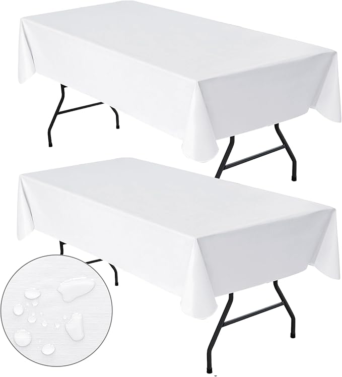Nasitos 2 Pack White Table Cloth Rectangle 60x84''-4Ft Waterproof Plastic Table Cover Flannel Backing, Wipeable Spillproof White Table Cover Disposable for Resistant, (PEZB2P-6084-white)