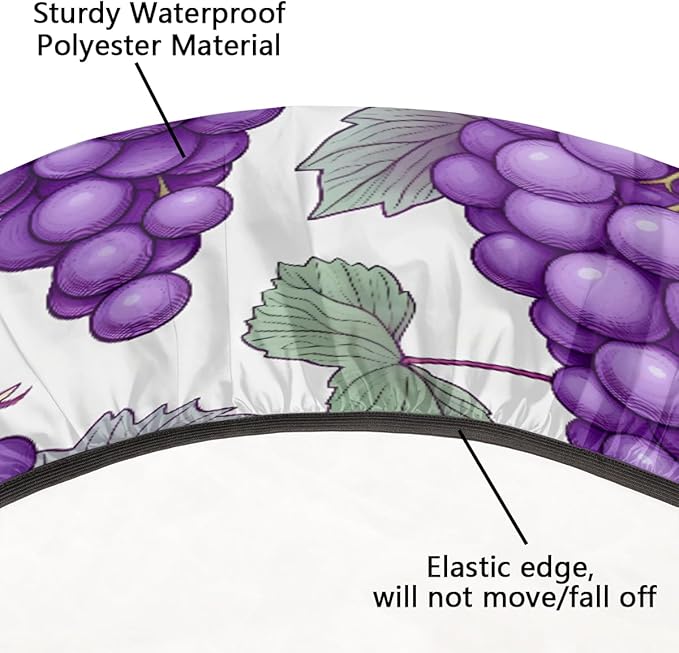 Grape Fruit Purple Leaves Round Table Cloth Cover, Elastic Edge Waterproof Wipeable Tablecloths 45"-56" Polyester Tablecloth for Party Restaurant Banquet Holiday Camping Outdoor Picnic