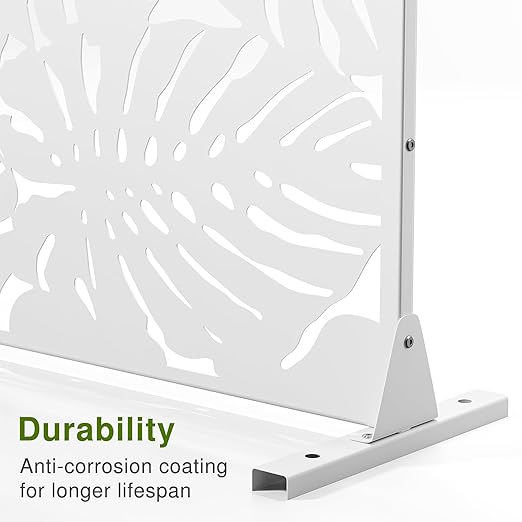 Casaphoria 72" H x 47" W Metal Outdoor Privacy Screen, Freestanding Decorative Divider for Patio, Deck, Balcony, and Garden with Stable Base, White-Summer