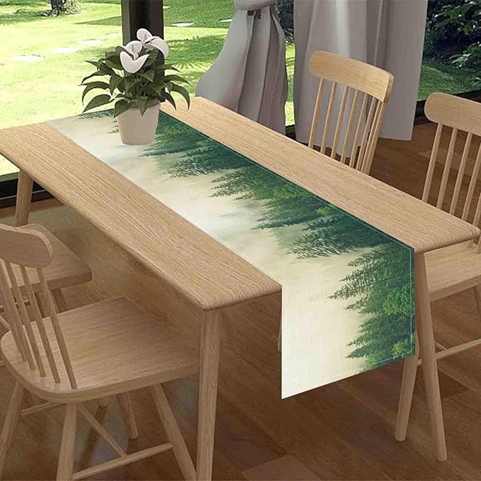 Forest Table Runner, Rustic Farmhouse Misty Pine Tree Woodland Jungle Mountain Country Coffee Table Center Decor for Kitchen Dining Patio Holiday Party Indoor Outdoor Table Decorations, 13"x72" Inch