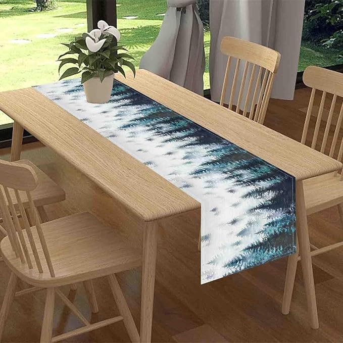 Green Forest Table Runner, Rustic Farmhouse Green Pine Tree Woodland Seasonal Mountain Country Coffee Table Center Decor for Home Kitchen Dining Patio Holiday Party Table Decorations, 13"x108" Inch