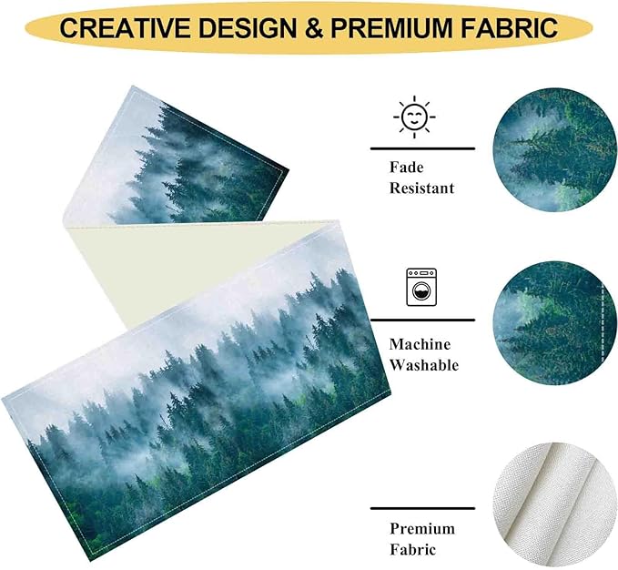 Forest Table Runner, Rustic Farmhouse Misty Pine Tree Woodland Mountain Country Coffee Table Center Decor for Home Kitchen Dining Patio Holiday Party Indoor Outdoor Table Decorations, 13"x90" Inch