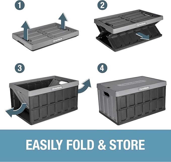 CleverMade Collapsible Storage Bins with Lids - Stone 3 Pack 46L - Plastic Containers Stackable Organization Crates Home Closet Space-Saving Durable