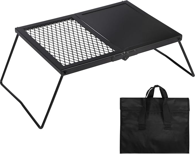 Folding Campfire Grill Grate, Portable Heavy Duty Steel Mesh Over Fire Camp Grill, Camp Fire Cooking Equipment with Legs & Carrying Bag, Grilling Rack for Outdoor BBQ Picnic