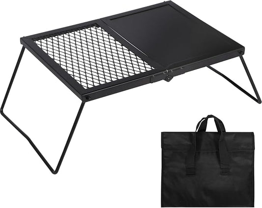 Folding Campfire Grill Grate, Portable Heavy Duty Steel Mesh Over Fire Camp Grill, Camp Fire Cooking Equipment with Legs & Carrying Bag, Grilling Rack for Outdoor BBQ Picnic
