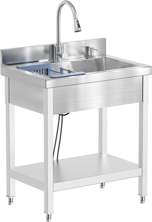 Stainless Steel Utility Sink, 28"Freestanding Sink with Retractable Cold and Hot Water Faucet,Hoses and Drain Kit for Kitchens, Bathrooms, Garage, Laundry Room