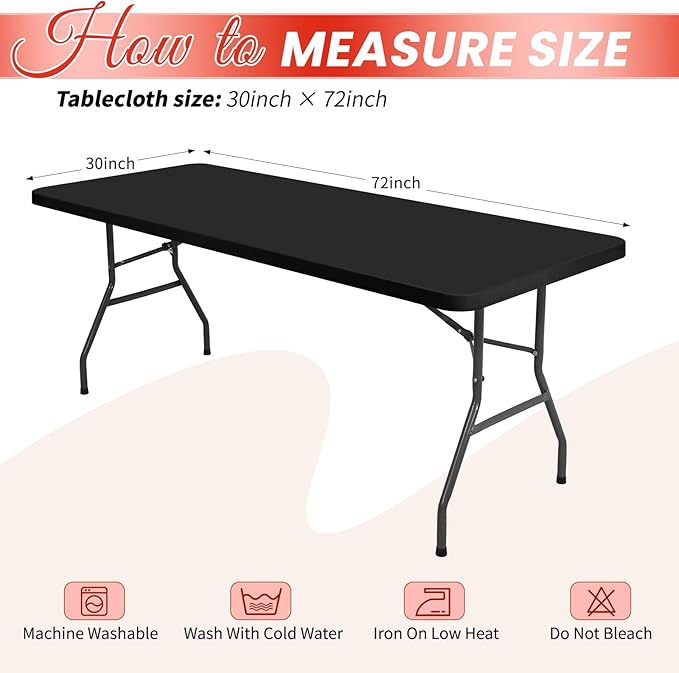10 Pack Stretch Fabric Table Top Cap Cover, fits 6Ft Tables, Spandex Table Covers Washable Elastic Universal Rectangle Tablecloth Protector for Indoor Outdoor Party Picnic Wedding, Black,30" W x 72" L