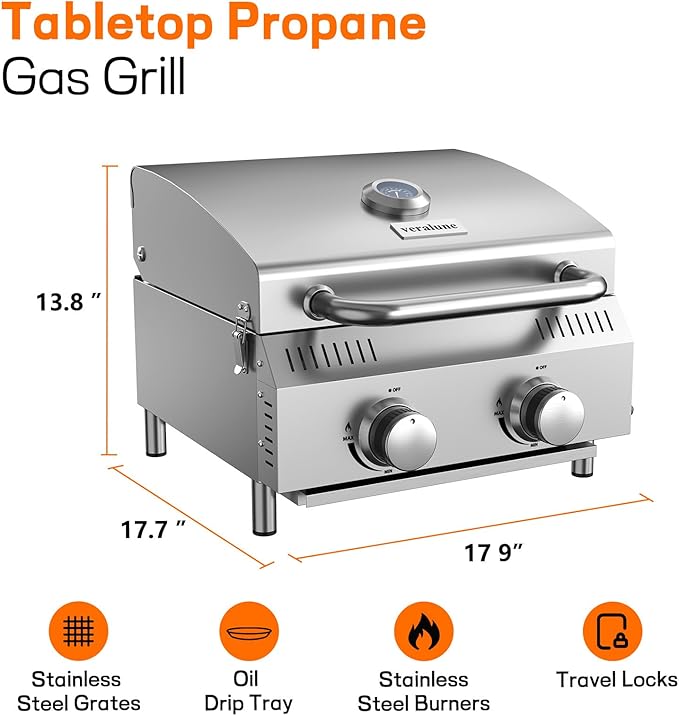 Veralune 2 Burner Tabletop Gas Grill, 20,000 BTUs Stainless Steel Portable Propane Grill with Legs, Built-in Thermometer, Travel Locks for Tailgating, Outdoor, Camping, RV Trips
