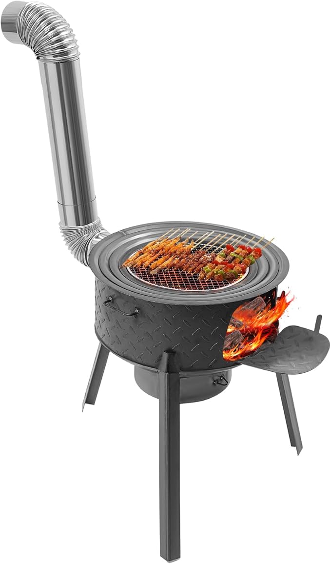 Portable Wood Burning Camping Stove with Grill,Outdoor Camping Stove with 3 Wok Rings 14.96/16.9/18.9 Inch,19.68" Height Freestanding Grills for Backyard, Outdoor Cooking