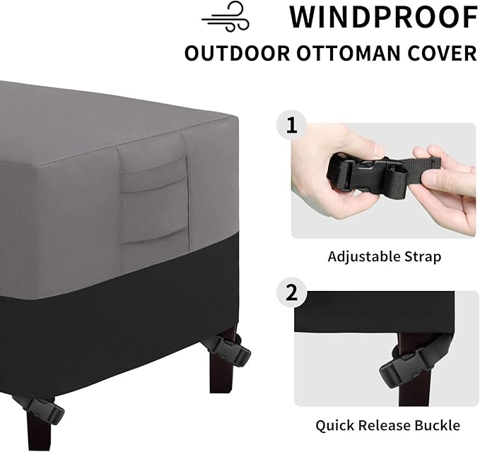 Easy-Going Outdoor Ottoman Cover, Waterproof Patio Ottoman Cover, Heavy Duty Outdoor Furniture Cover with Padded Handles (28"x28"x17", Gray/Black)