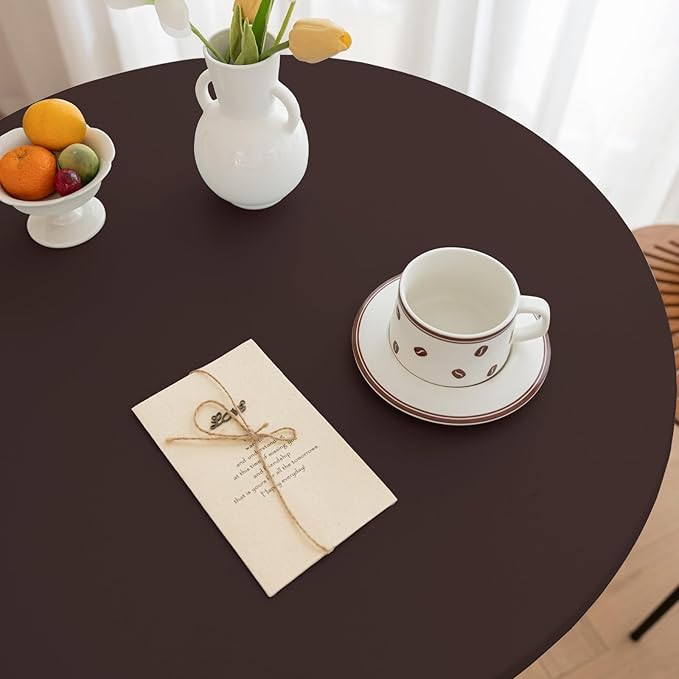Round Fitted PU Tablecloth with High Elastic Edge 51 Inch Dia Waterproof Oil Proof Table Cloth Anti-Scald Stain-Resistant Wipeable Table Cover for Indoor Outdoor Picnic (Coffee,51" Dia)