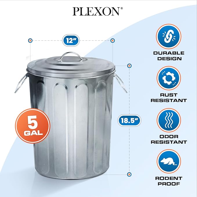 Plexon 5 Gallon Small Metal Trash Can with Lid Outdoor Galvanized Bucket with Lid 5 Gal Fireplace Ash Bucket for Wood Stove Storage Can for Dog Food Bird Seed Storage Container Rodent Pet Proof 6 Pack