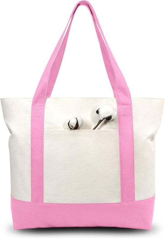 TOPDesign 6-Pack Canvas Tote Bags with an External Pocket, Reusable Grocery Shopping Bags, Top Zipper Closure, Daily Essentials (Pink/Natural)
