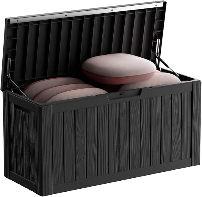 80 Gallon Outdoor Storage Box – Resin Deck Box with Lockable Lid, Waterproof Patio Furniture Storage for Tools, Garden & Yard Organization (Black)