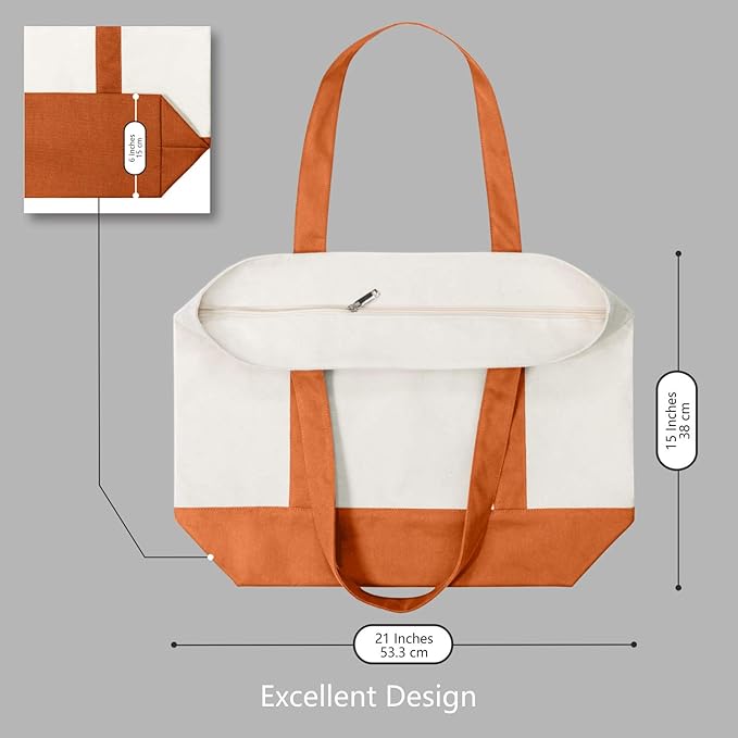 TOPDesign 6-Pack Canvas Tote Bags with an External Pocket, Reusable Grocery Shopping Bags, Top Zipper Closure, Daily Essentials (Orange/Natural)