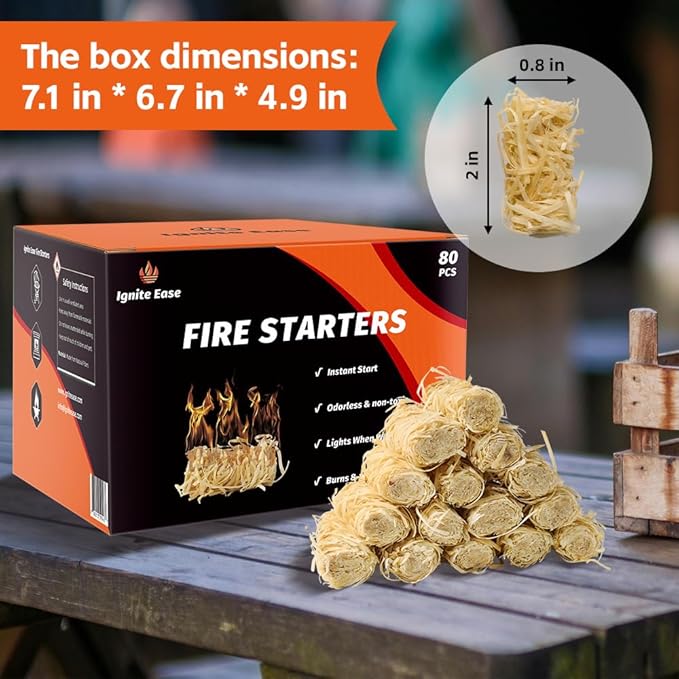 80pcs Natural Fire Starters - Waterproof Firelighters for Campfire, Grill, BBQ, Fire Pit, Fireplace, Wood Stove, Pizza Oven | Charcoal Starter, Odorless & Eco-Friendly