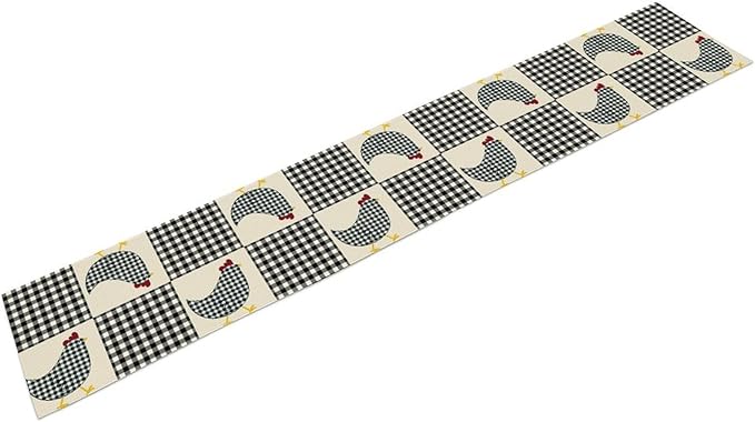 Farmhouse Rooster Table Runner, Rustic Farm Chicken Black White Plaid Buffalo Retro Coffee Table Center Decor for Home Kitchen Dining Patio Party Indoor Outdoor Table Decorations, 13" X 108"