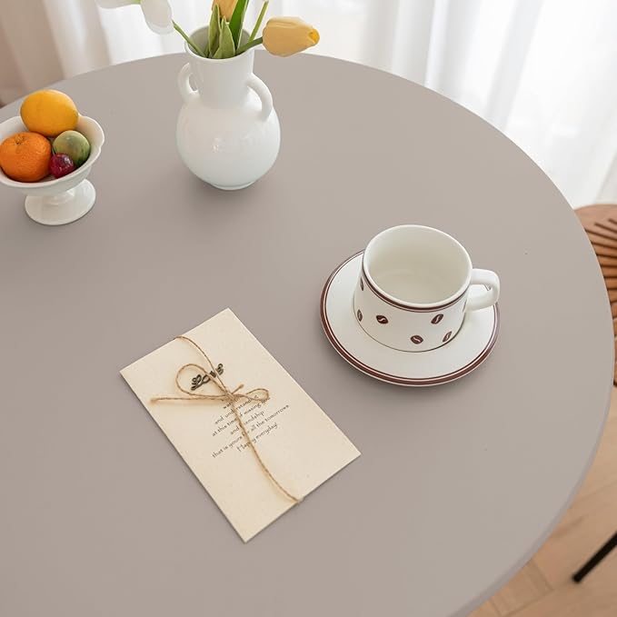 Round Fitted PU Tablecloth with High Elastic Edge 55 Inch Dia Waterproof Oil Proof Table Cloth Anti-Scald Stain-Resistant Wipeable Table Cover for Indoor Outdoor Picnic (Grey,55" Dia)