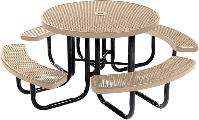 COATEDOUTDOORFURNITURE Coated Outdoor Furniture Heavy-Duty Portable Outdoor Picnic Table with Umbrella Hole, Punched Steel Commercial-Grade Patio Dining Furniture Made in America (46" Round Top, Tan)