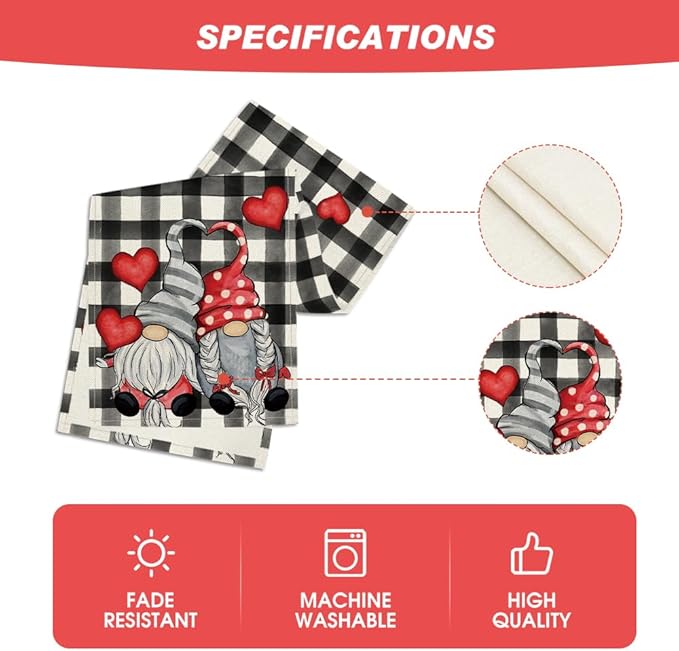 Artoid Mode Watercolor Buffalo Plaid Hearts Gnomes Love Valentine's Table Runner, Seasonal Anniversary Wedding HoliKitchen Dining Table Decoration for Indoor Outdoor Home Decor 13 x 120 Inch