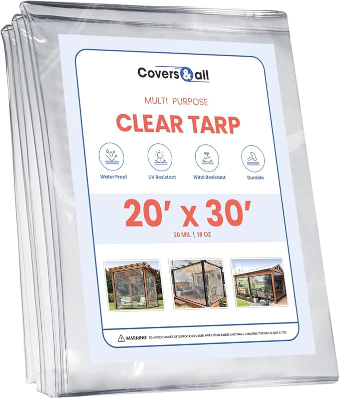 Covers & All Clear Tarps with Grommet Material, 18 oz Clear PVC Tearproof Tarpaulin, Perfect for Indoor & Outdoor Use, Available in Standard Sizes (20' H x 30' W Feet, Clear)