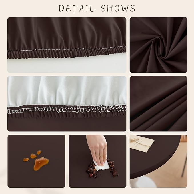 Round Fitted PU Tablecloth with High Elastic Edge 51 Inch Dia Waterproof Oil Proof Table Cloth Anti-Scald Stain-Resistant Wipeable Table Cover for Indoor Outdoor Picnic (Coffee,51" Dia)