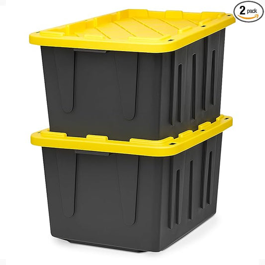 HOMZ 2-Pack Durabilt, Heavy Duty Plastic Storage Bins with Lids, 27 Gallon, Black/Yellow - Stackable Container Boxes for Home, Attic, and Garage Organization
