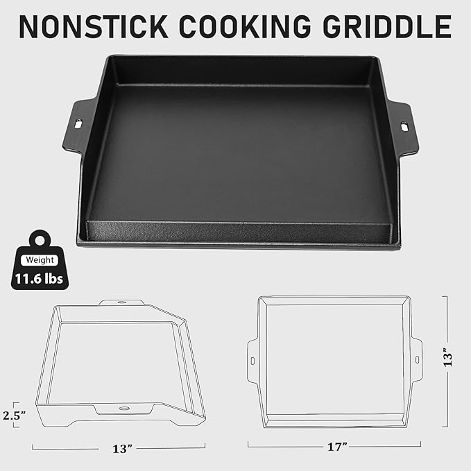 Utheer 17" x 13" Cast Iron Griddle for Gas Grill and Stove Top, Universal Flat Top Griddle with Pre-Seasoned Nonstick Coating, X-Shaped Reinforced Ridges, Perfect for Healthy Cooking, Parties, Camping