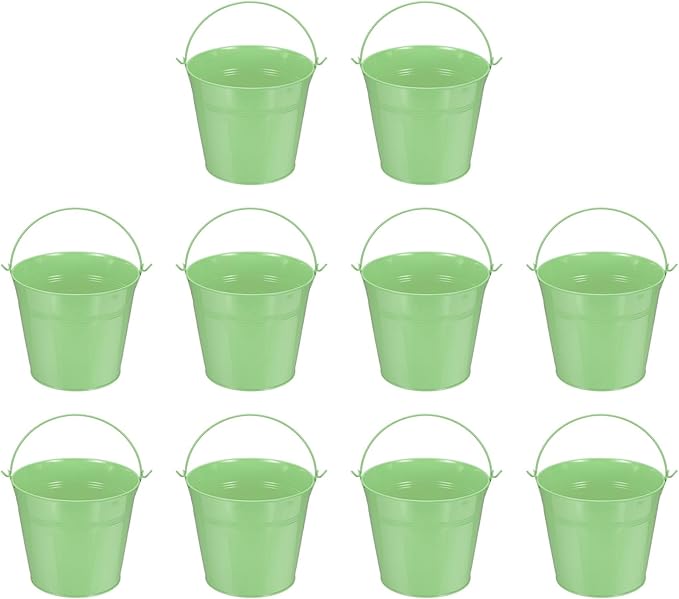 Small Metal Buckets, Mini Buckets with Handle Galvanized Colored Tin Pail Containers Basket Party Supplies - Fit for (Halloween - Classroom Crafts) 6" & 10Pcs & Light Green