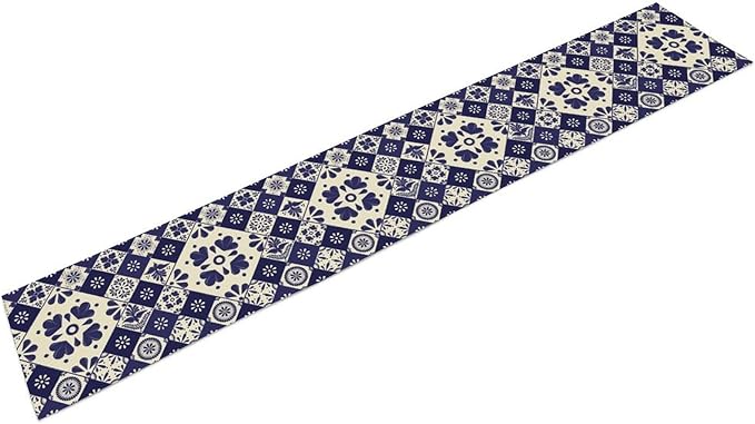 Mexican Table Runner, Blue Floral Birds Mexico Talavera Ceramic Dia De Los Muertos Coffee Table Center Decor for Family Home Kitchen and Dining Farmhouse Indoor Outdoor Table Decorations, 13" X 108"