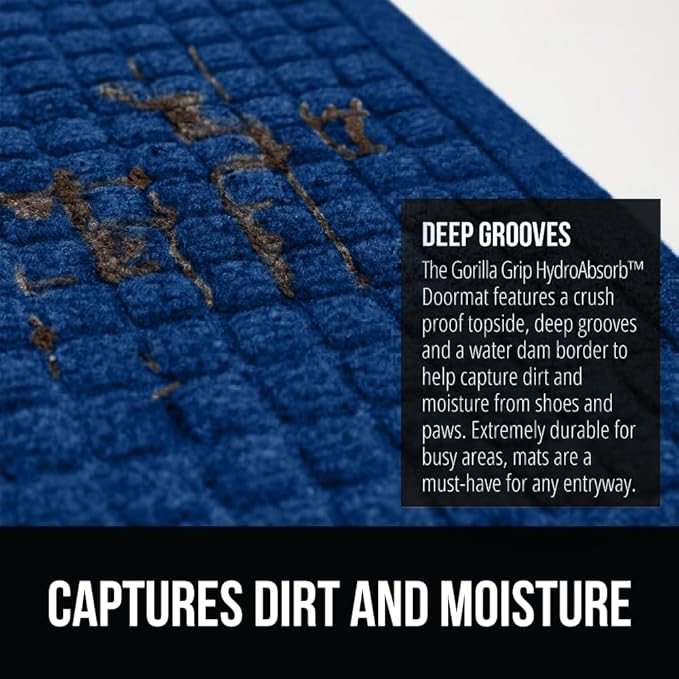 GORILLA GRIP Front Door Mat, Indoor Outdoor Ultra Absorbent HydroAbsorb Doormat, Absorbs Up to 1.7 Cups of Water, Stain and Fade Resistant, Rubber Backing Doormats, Captures Dirt, 29x17 Blue