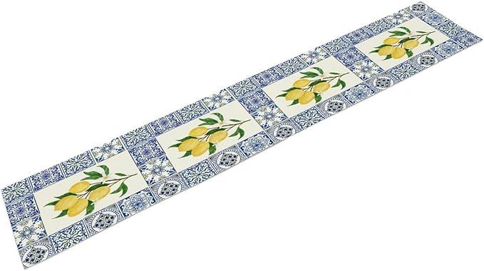 Yellow Lemon Table Runner, Blue Tiles Summer Holiday Tasty Fruit Healthy Fruit Vintage Watercolor Rustic Botanic Table Cover for Party Picnic Dining Room Kitchen, 13x90inch
