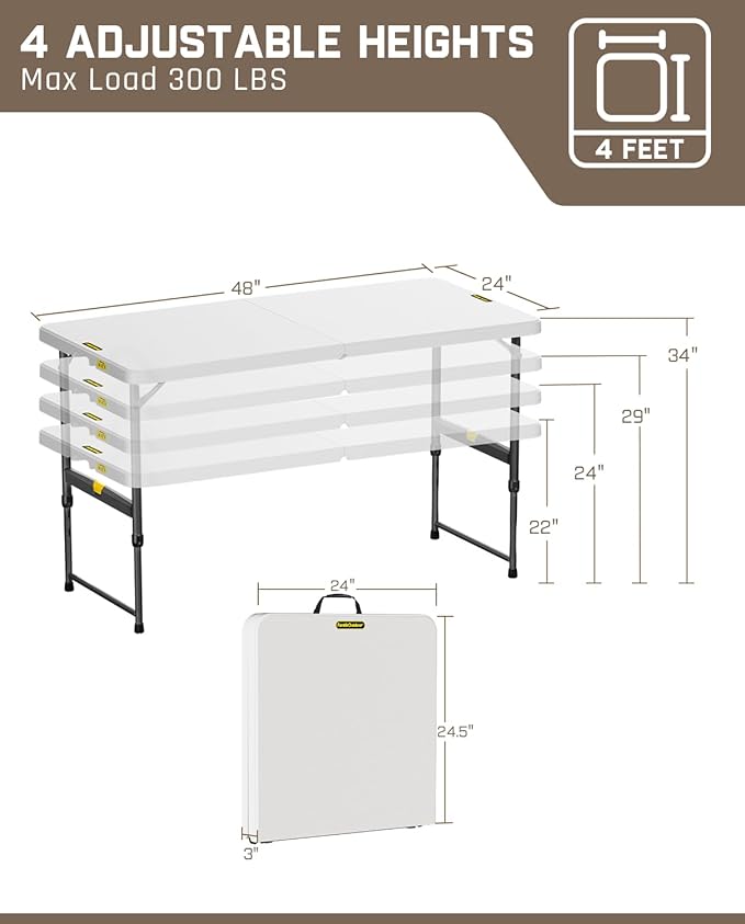 FanttikOutdoor 4ft Portable Folding Table, One-Handed Height Adjustment, 4 Heights, Gravity Lock, Carry Handle, Indoor Outdoor Heavy Duty Fold-in-Half Utility Table, Party, 2-Pack, White Zeta X4 Pro