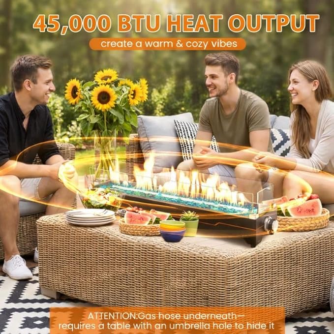 GRISUN 28" Table Top Propane Fire Pit, 45,000 BTU Tabletop Gas Fire Pit, Tabletop Firepit for Patio, Outdoor Portable Fireplace, Rectangular Fire Bowl with Glass Wind Guard, Glass Beads & Cover