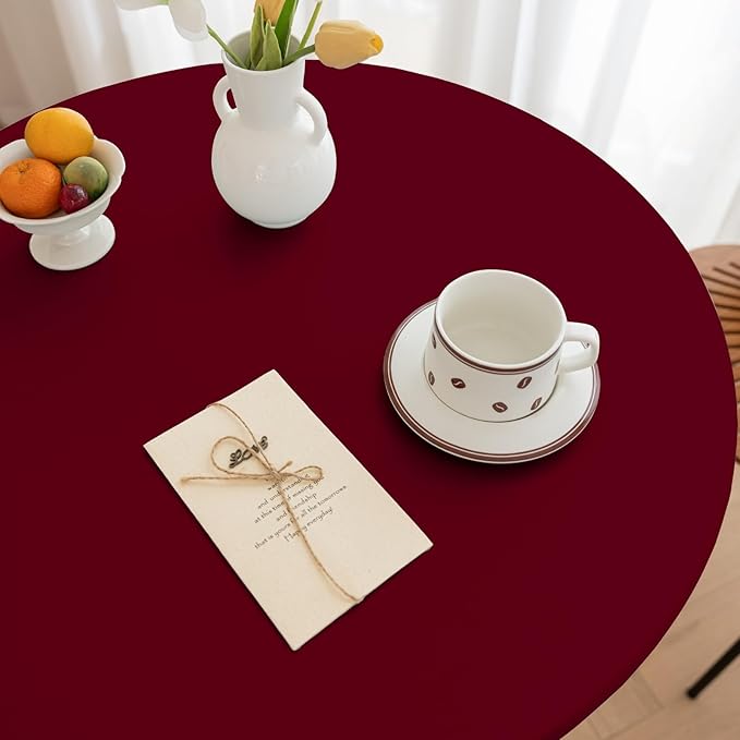 Round Fitted PU Tablecloth with High Elastic Edge 39 Inch Dia Waterproof Oil Proof Table Cloth Anti-Scald Stain-Resistant Wipeable Table Cover for Indoor Outdoor Picnic (Red,39" Dia)