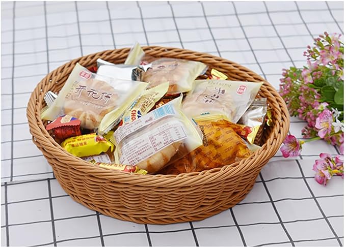 RT&BS Round Wicker Bread Basket, Christmas Food Baskets, Eco-Friendly Sturdy Stackable Fruit Basket for Kitchen, Store, Restaurant, Party (Brown, S)