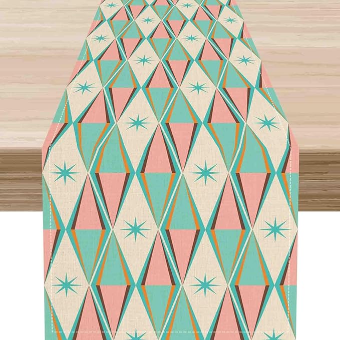 Geometric Table Runner, Retro Mid Century 1950s Modern Abstract Teal Pink Checkboard Coffee Table Center Decor for Home Kitchen Dining Patio Holiday Party Table Decorations, 13"x36" Inch