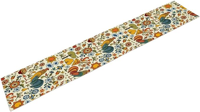 Farm Animal Table Runner, Boho Folk Style Country Rustic Farmhouse Rooster Flower Print Table Runner for Home Kitchen Dining Holiday Decor, 13x90inch