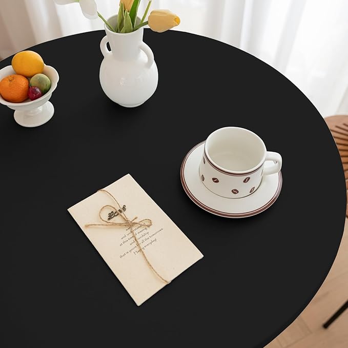 Round Fitted PU Tablecloth with High Elastic Edge 31 Inch Dia Waterproof Oil Proof Table Cloth Anti-Scald Stain-Resistant Wipeable Table Cover for Indoor Outdoor Picnic (Black,31" Dia)