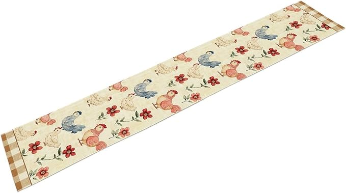 Farmhouse Rooster Table Runner, Rustic Farm Chicken Brown Plaid Flower Plant Watercolor Coffee Table Center Decor for Home Kitchen Dining Patio Party Indoor Outdoor Table Decorations, 13" X 72"