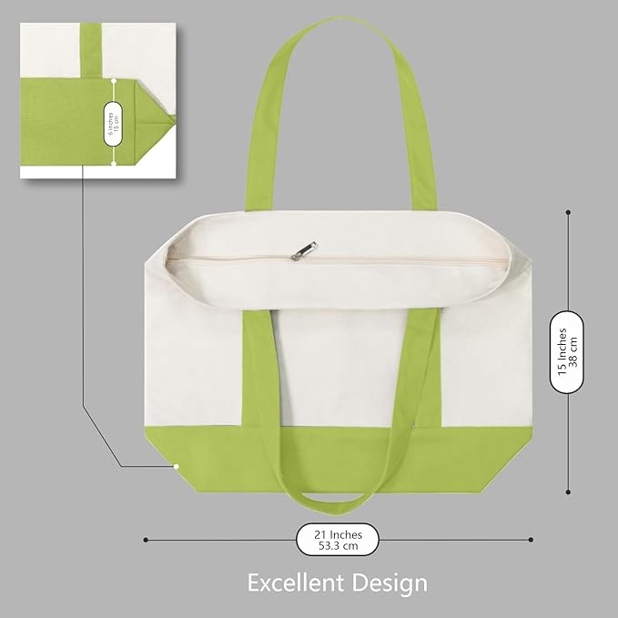 TOPDesign 3-Pack Canvas Tote Bags with an External Pocket, Reusable Grocery Shopping Bags, Top Zipper Closure, Daily Essentials (Light Green/Natural)