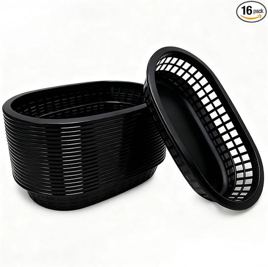 Fast Food Baskets 16-Pack, 10 x 6 Inch Plastic Oval Serving Baskets for Burgers, Bread, Fries & Sandwiches, Restaurant Diner Cafeteria Food Truck Party Use, Reusable&Stackable(Black)